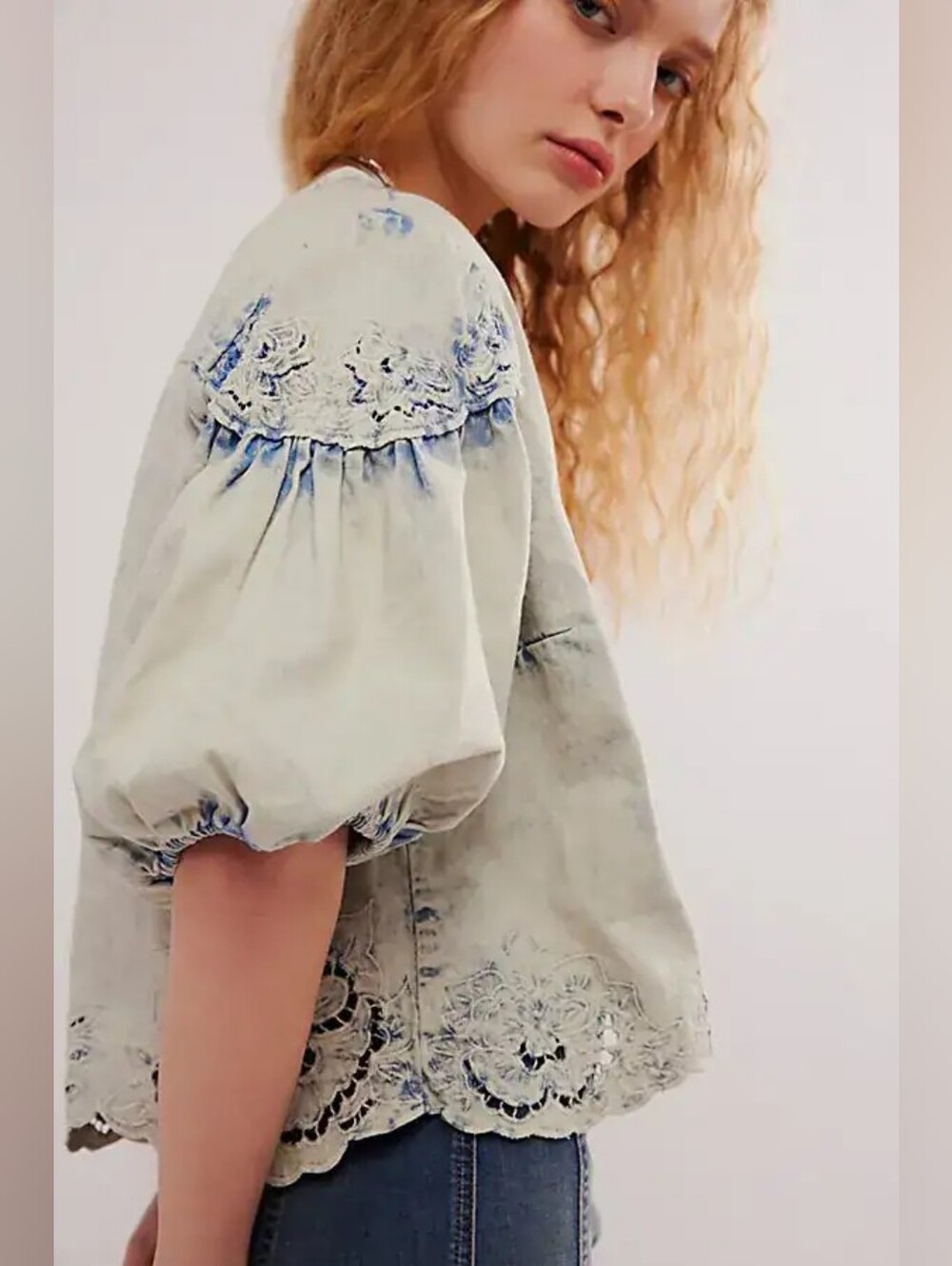Free People Corinna Embroidered Acid Wash Puff Sleeve Blouse, L, Rare - Picture 3 of 11